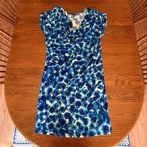 NWT Gap Cowl Neck Rusched Cap Short Sleeve Mid-Calf Length Dress Blue Print L